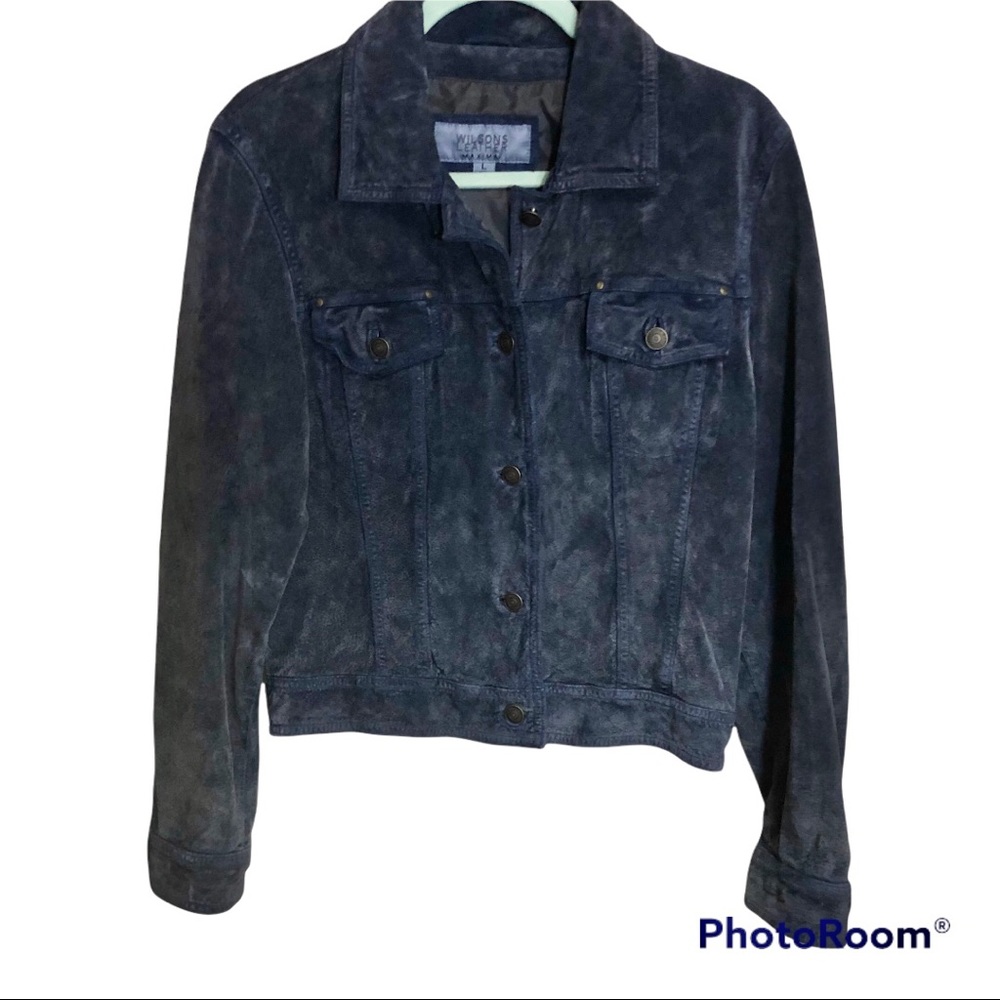 Wilson’s Leather Maxima Navy Blue Suede Leather Trucker Style Button Up Jacket L